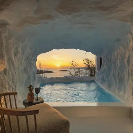 Villa Exquisite Mykonos Apocryphos 6 Bedrooms Unique Aegean Sea Views Private Infinity Pool Indoor Cave Heated Pool Outdoor Jacuzzi,